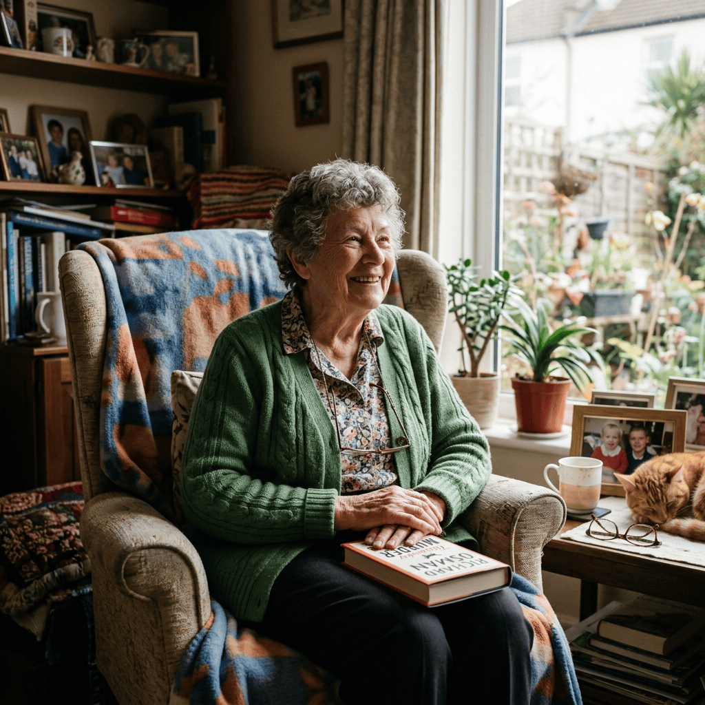 Smiling older woman reading in an armchair beside a cat